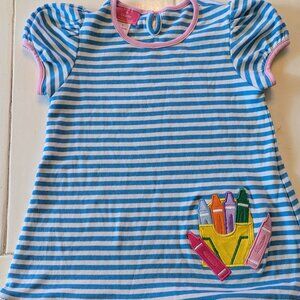 Claire & Charlie Girls Size 5 Turquoise Stripe Dress with Crayon Embroidery